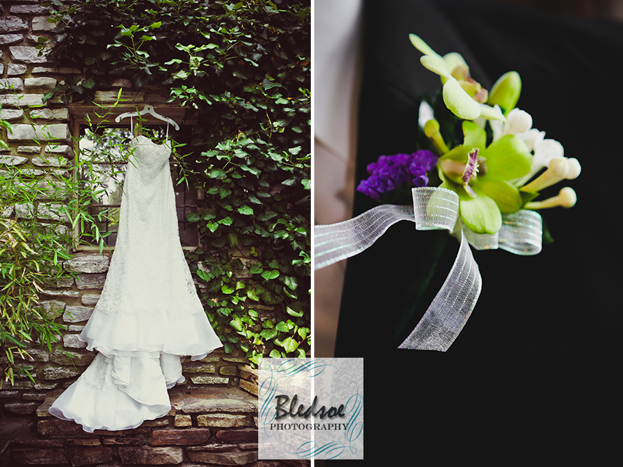 Hanging wedding gown and boutonniere at Knoxville Botanical Gardens.
