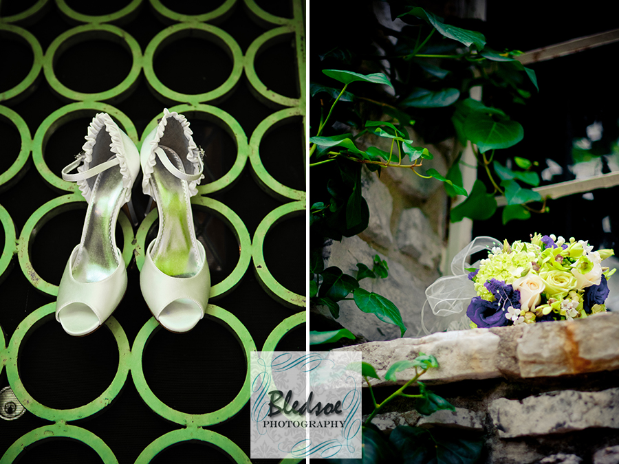 Brides shoes and bouquet at Knoxville Botanical Gardens.