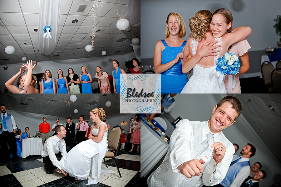 Bouquet toss and garter toss at wedding reception at Rothchild Catering Center.