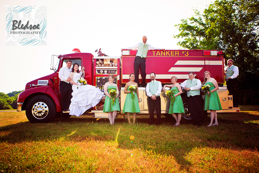 Wedding party posing of a fire truck at Culleoka Fire Dept.