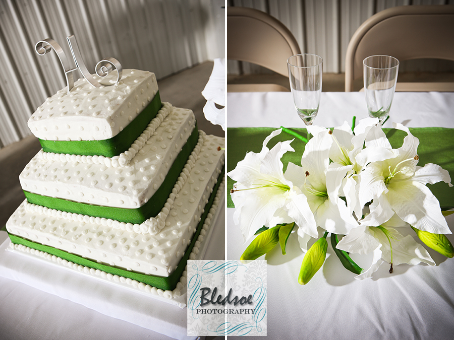 Clover green ribbon on wedding cake and lilies with champagne flutes.