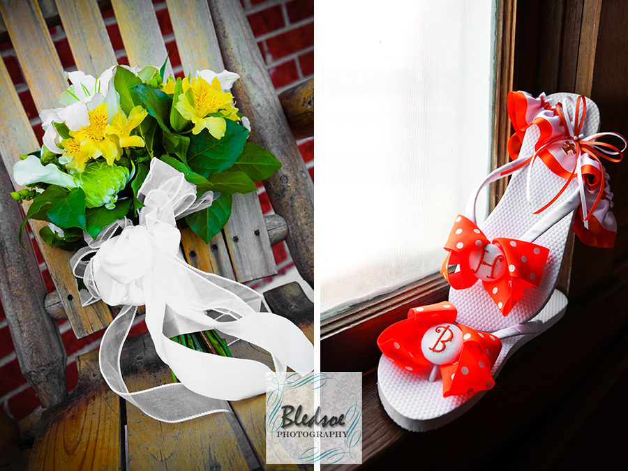 Bride's yellow lily bouquet and UT flip flops and UT garter.