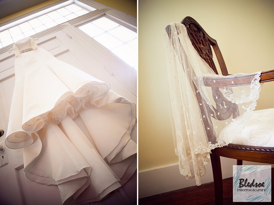 Hanging wedding gown and vintage veil.  Wedding at The Dent House in Chattanooga, TN. © Bledsoe Photography