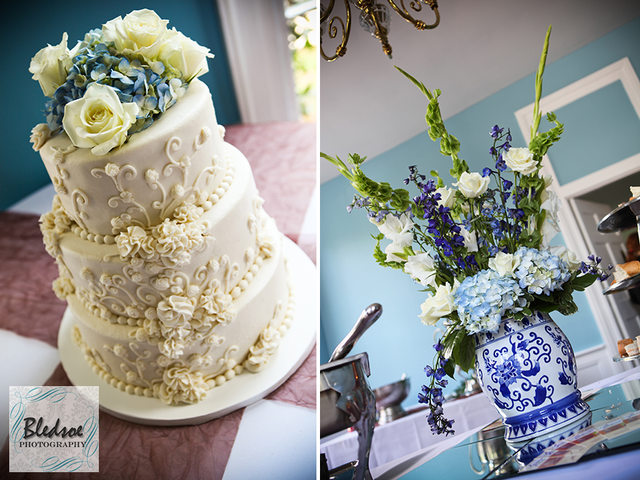 Ivory and blue wedding cake, flowers. Wedding at The Dent House in Chattanooga, TN. © Bledsoe Photography
