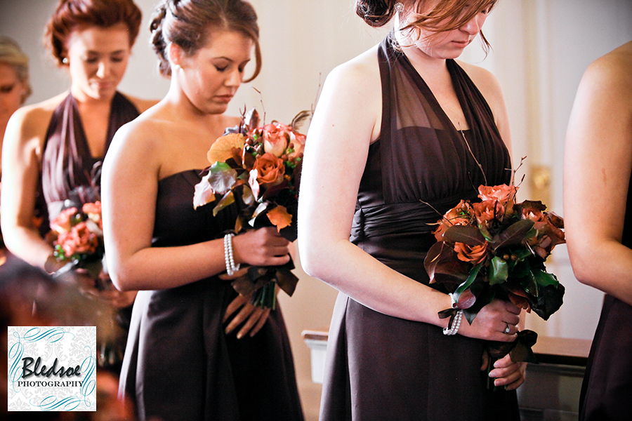 Bridesmaids praying, brown dresses. Bledsoe Photography.  Franklin KY wedding photography