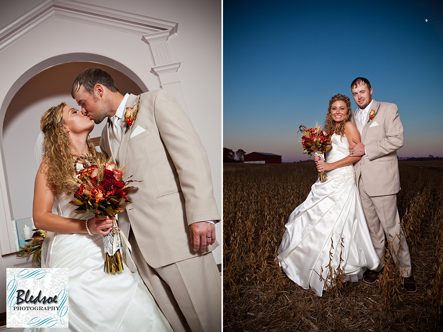 Wedding portrait at church and sunset on the farm. Bledsoe Photography.  Franklin KY wedding photography