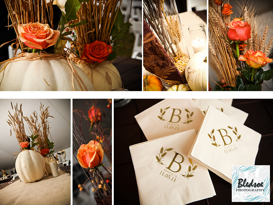 Fall wedding decor. White pumpkins, orange roses, stalks of wheat. Bledsoe Photography.  Springfield, TN wedding photography