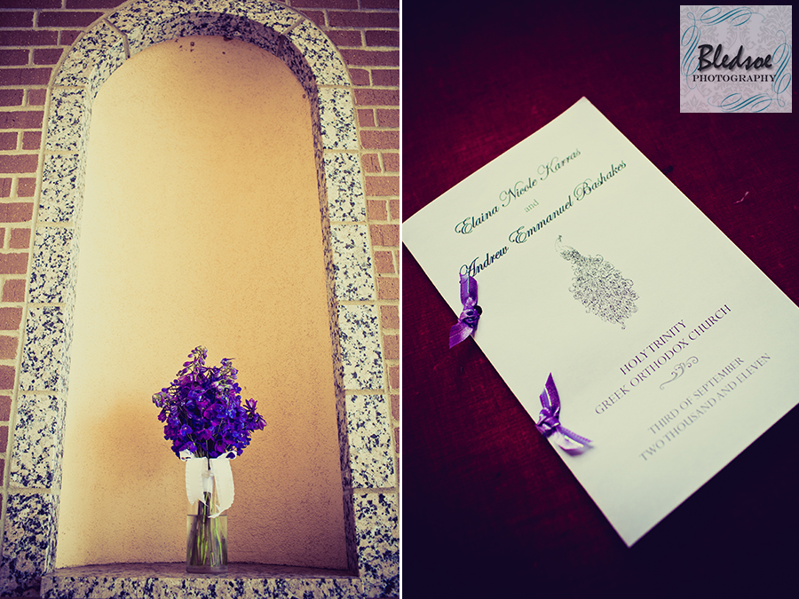 Purple bouquet and wedding program.  Bledsoe Photography