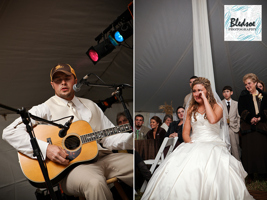 Groom playing guitar and singing to bride at reception. Bledsoe Photography.  Springfield, TN wedding photography