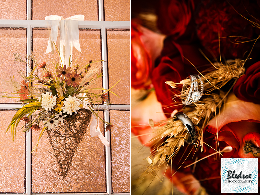 Church window decoration and wedding rings on wheat. Bledsoe Photography.  Franklin KY wedding photography