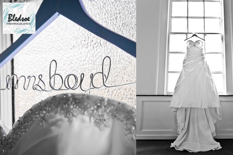 Wedding gown hanging in church window.  Custom bridal gown hanger. Bledsoe Photography.  Franklin KY wedding photography