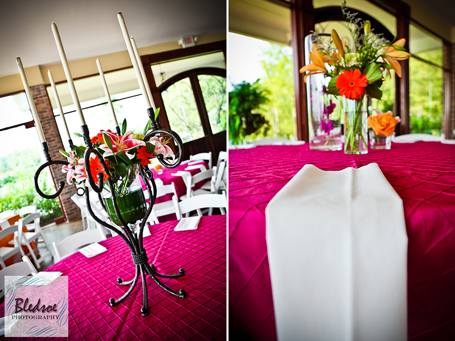 Fuschia linens and floral centerpieces at at Hunter Valley Farm, Knoxville wedding photographer