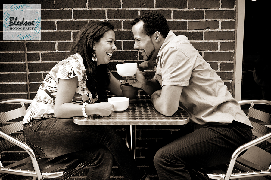 Knoxville engagement photography at coffee shop in Market Square.  © 2011 Bledsoe Photography