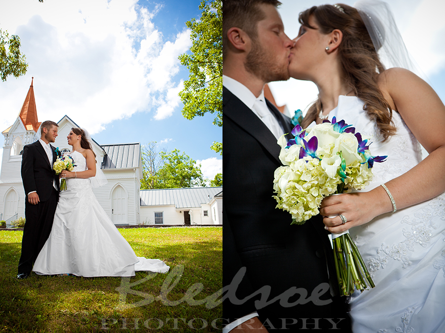 Bride and groom in front of Beulah United Methodist Church. Knoxville wedding photographer, © Bledsoe Photography