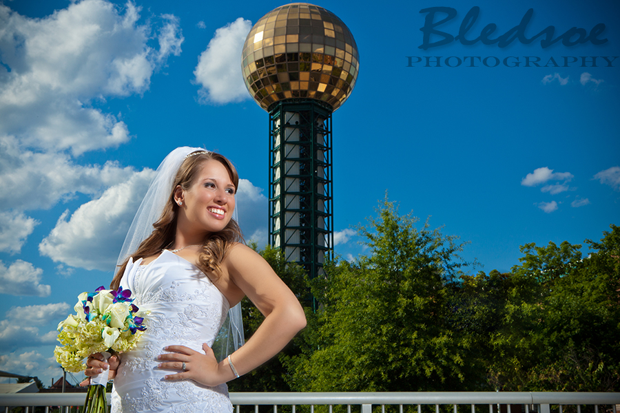 Bridal portrait at the Sunsphere, World's Fair Park, Knoxville wedding photographer, © Bledsoe Photography