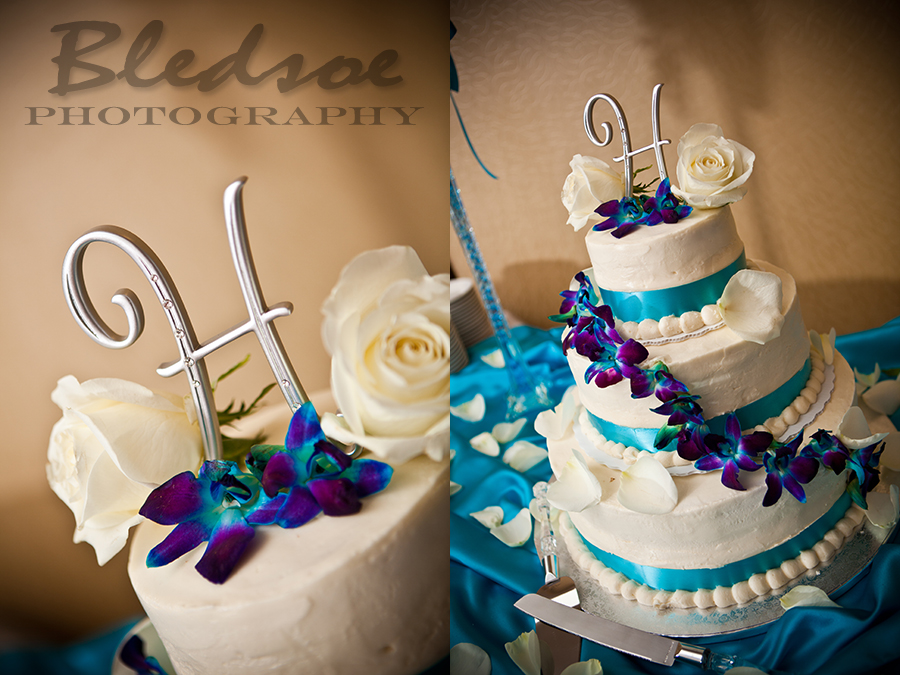 Turquoise, teal and purple wedding cake, H cake topper, Holiday Inn, World's Fair Park, Knoxville wedding photographer, © Bledsoe Photography