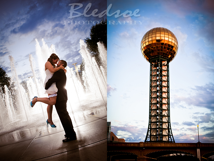 Wedding portrait at fountains and Sunsphere, World's Fair Park, Knoxville wedding photographer, © Bledsoe Photography