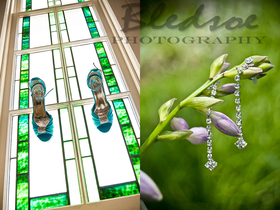 Turquoise wedding shoes and dangle earrings. Knoxville wedding photographer, © Bledsoe Photography