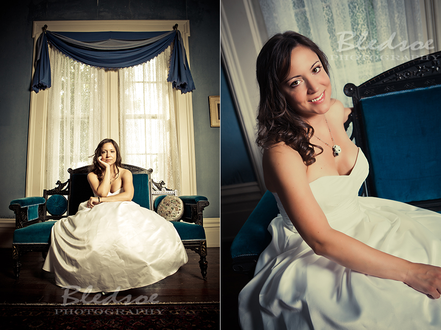 Bridal portrait on antique blue sofa at Glenmore Mansion wedding. Knoxville Wedding Photographer. © Bledsoe Photography