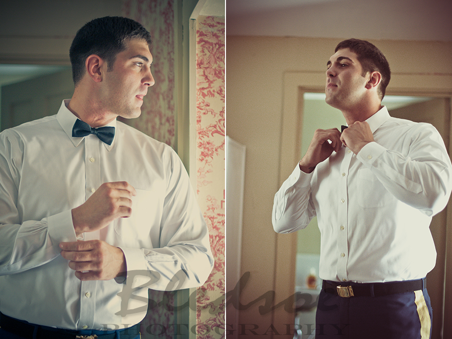 Marine preparing, dressing for wedding at Glenmore Mansion wedding. Knoxville Wedding Photographer. © Bledsoe Photography