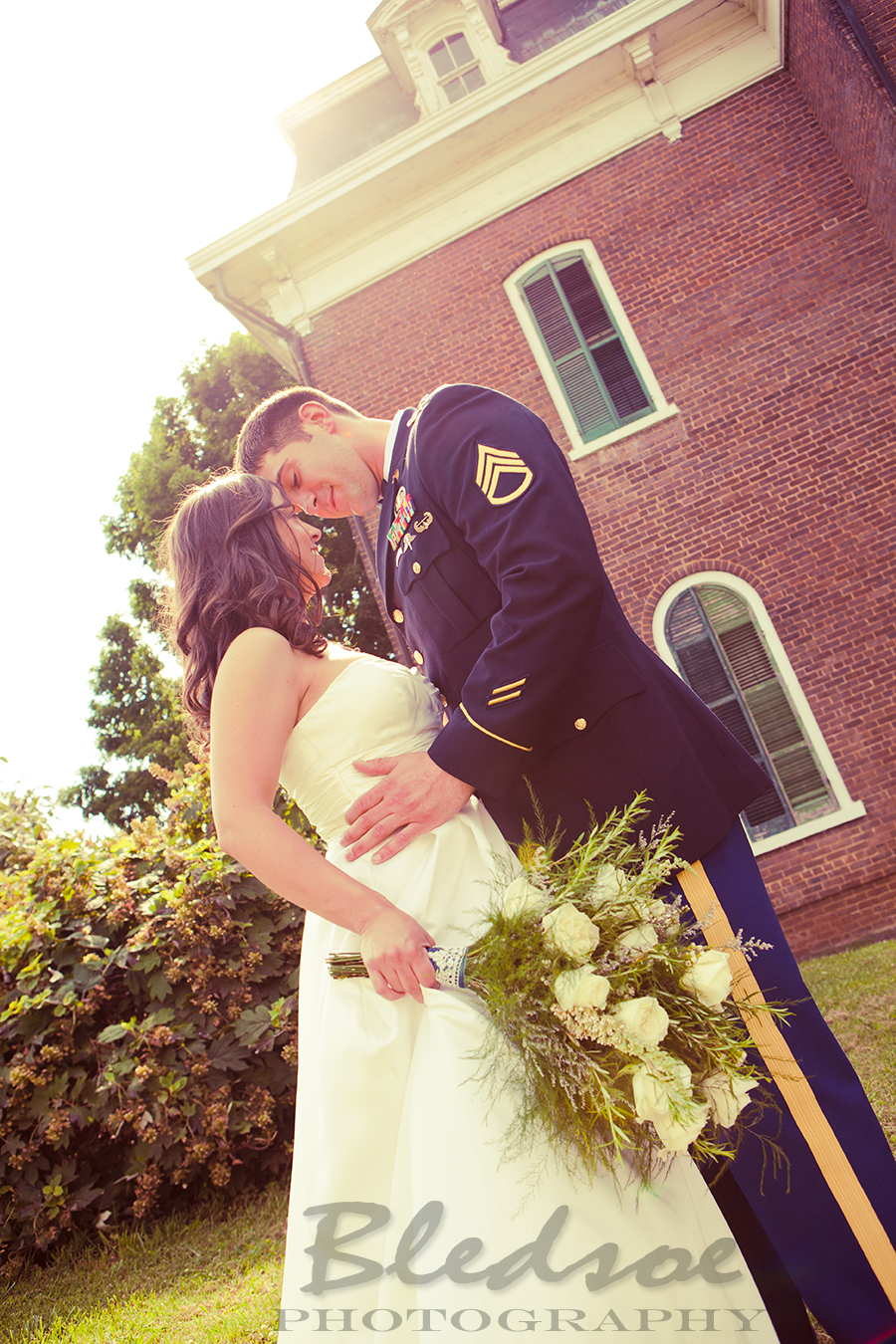Bride and Marine groom at Glenmore Mansion wedding. Knoxville Wedding Photographer. © Bledsoe Photography