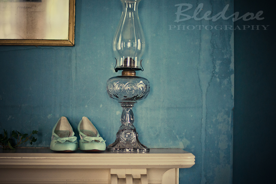 Vintage aqua wedding shoes at Glenmore Mansion wedding. Knoxville Wedding Photographer. © Bledsoe Photography