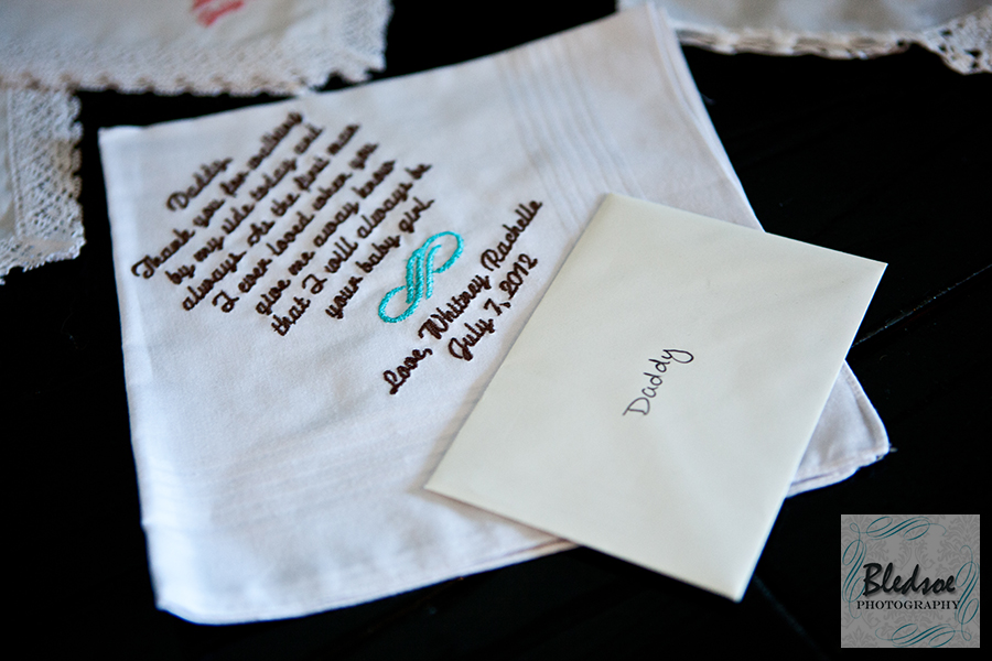 Embroidered handkerchief for father of the bride at Chateau Selah © Bledsoe Photography Knoxville