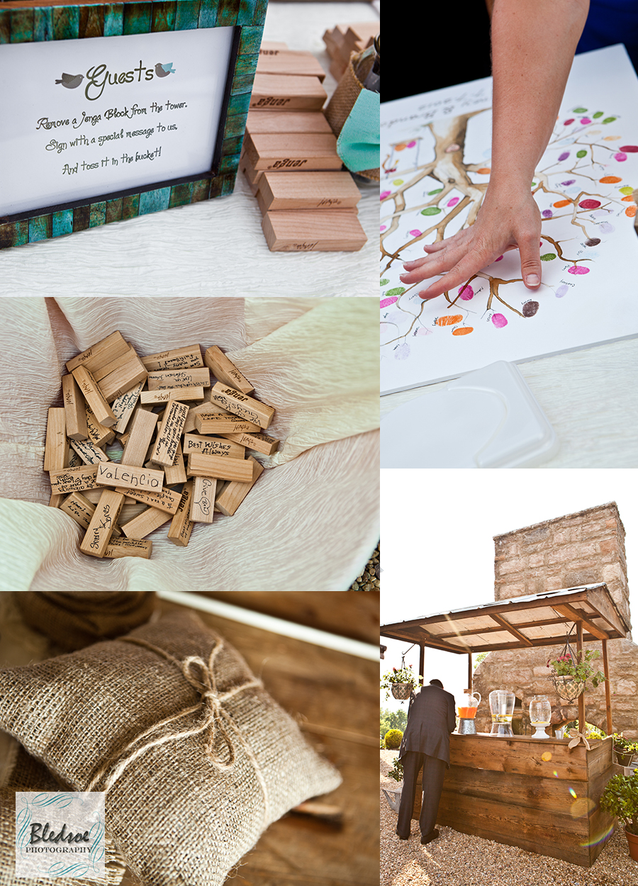 Jenga pieces, thumbprint tree for wedding guests, lemonade stand and burlap ring bearer pillow at Chateau Selah © Bledsoe Photography Knoxville