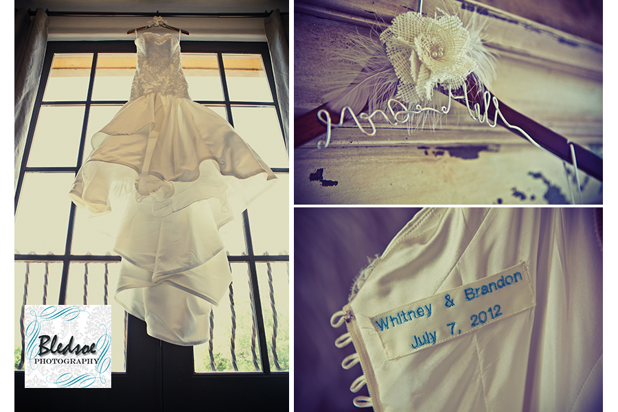 LeaAnn Belter wedding dress, embroidered wedding date in blue, wedding dress hanger. Chateau Selah © Bledsoe Photography Knoxville