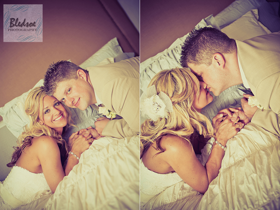 Bride and groom on bed at Chateau Selah © Bledsoe Photography Knoxville