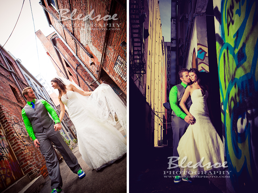 Bride and groom in graffiti alley, Knoxville after wedding portrait session, © Bledsoe Photography