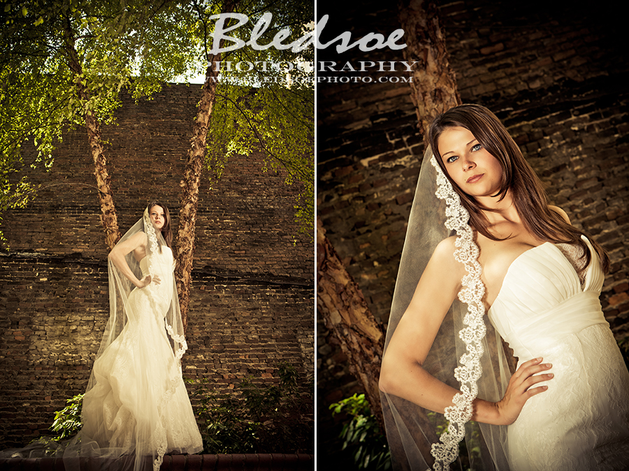 Bride in Market Square, Knoxville after wedding portrait session, © Bledsoe Photography