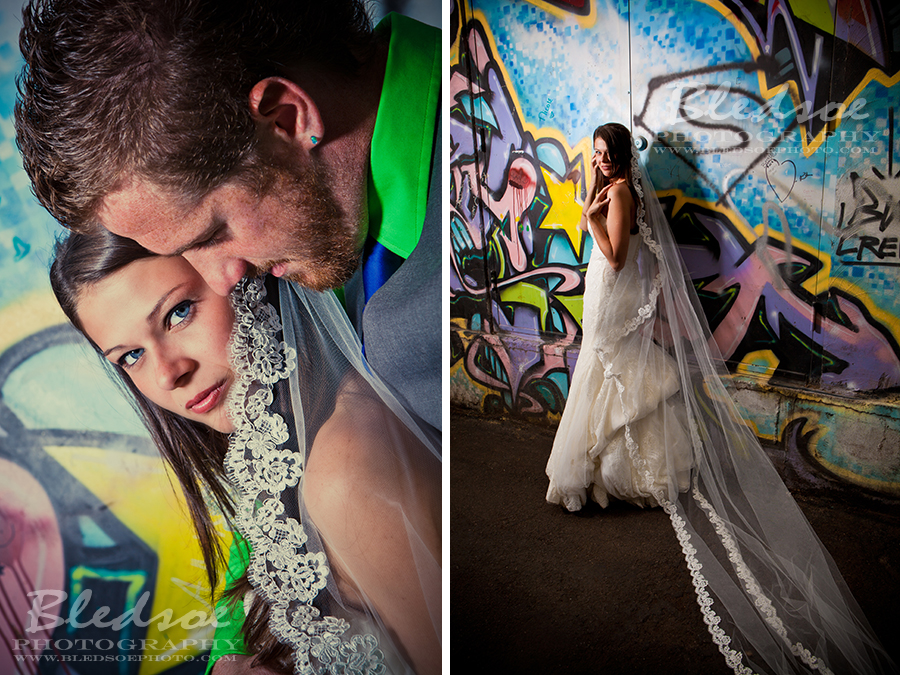 Bride in graffiti alley, Knoxville after wedding portrait session, © Bledsoe Photography