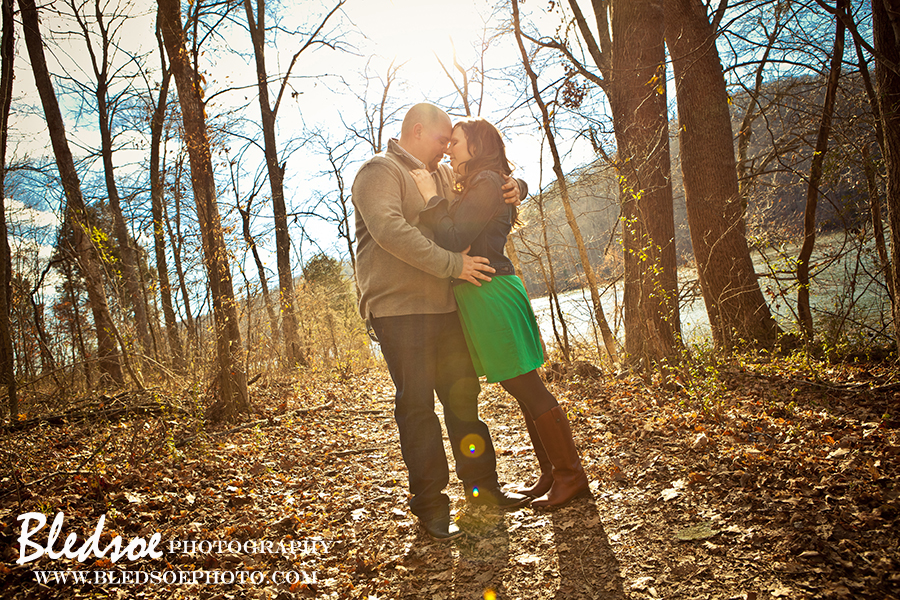 Engagement photo session at Melton Hill Lake, emerald green dress in the woods, © Bledsoe Photography