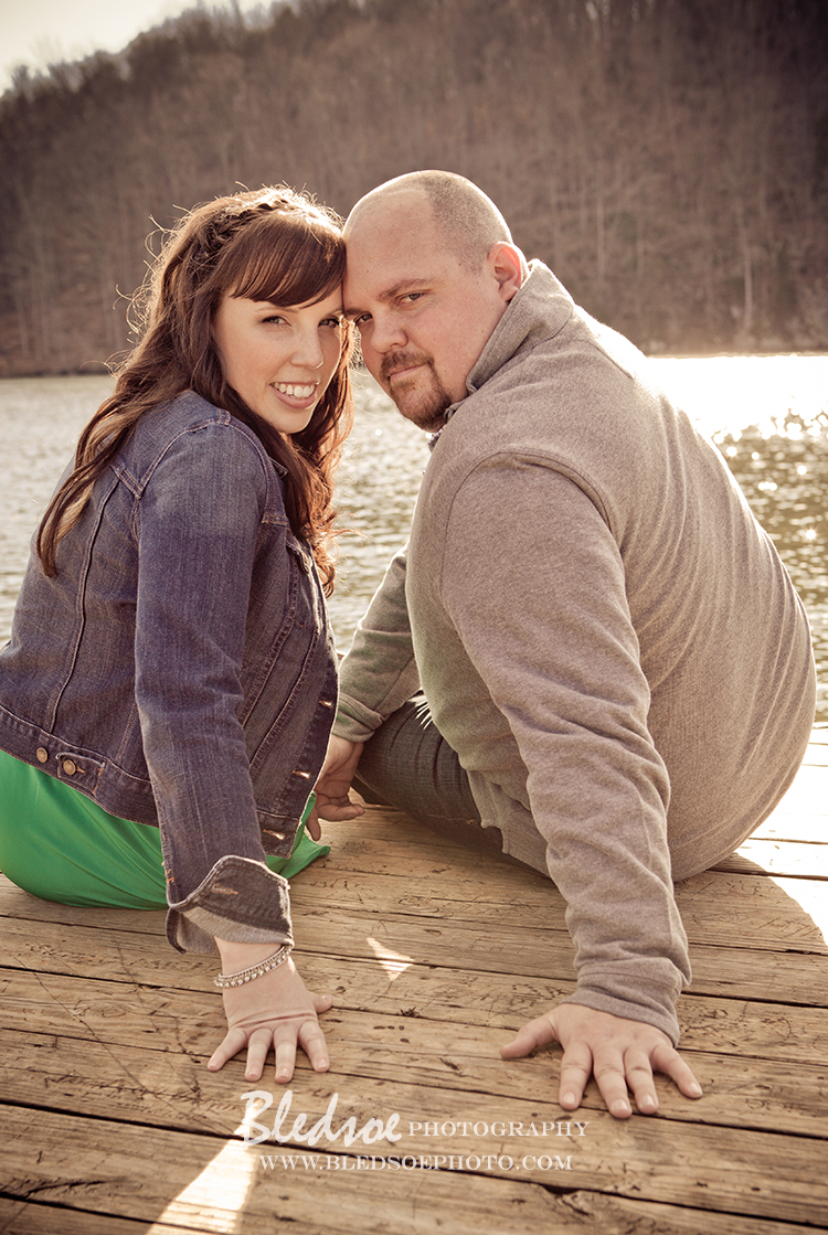 Engagement photo session at Melton Hill Lake dock, emerald green dress, © Bledsoe Photography