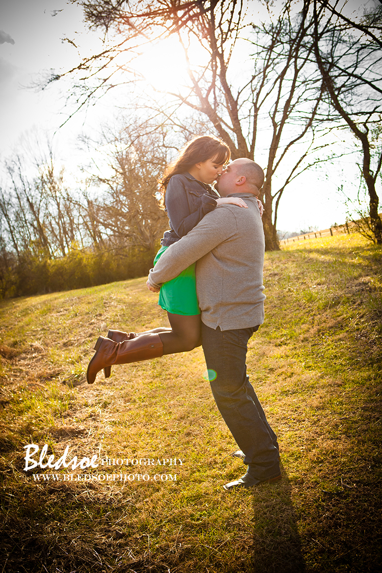 Engagement photo session at Melton Hill Lake, emerald green dress, © Bledsoe Photography