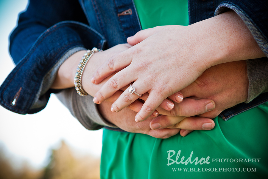 Engagement photo session at Melton Hill Lake, princess cut diamond engagement ring, © Bledsoe Photography