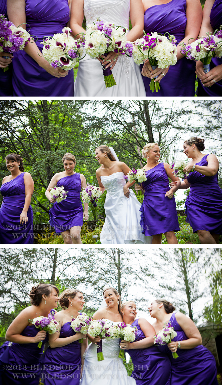 Bridesmaids in one should purple dresses, wedding bouquets from Echelon florist, white and purple bouquets, knoxville wedding photographer, ©Bledsoe Photography