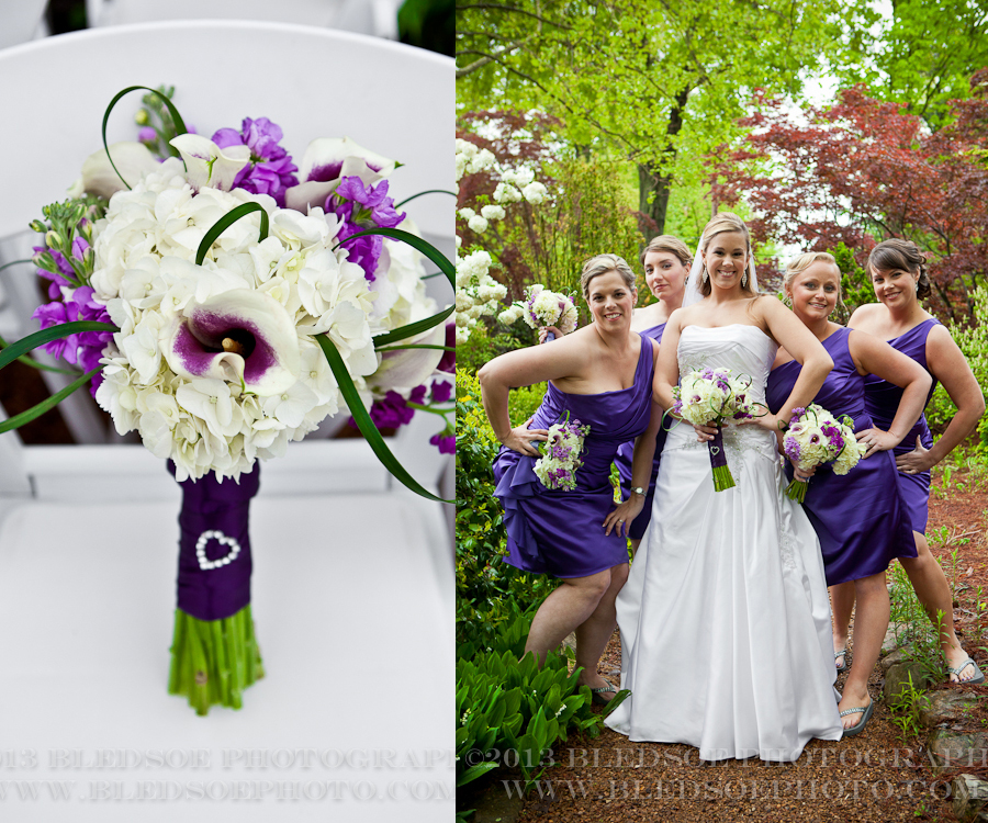 Bridesmaids in one should purple dresses, wedding bouquets from Echelon florist, white and purple calla lily bouquets, knoxville wedding photographer, ©Bledsoe Photography