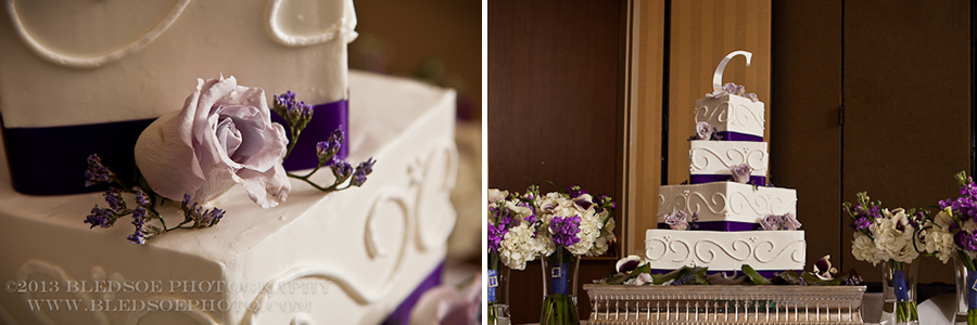 square four tier cake, purple and white, C initial cake topper, downton hilton reception, knoxville wedding photographer, ©Bledsoe Photography