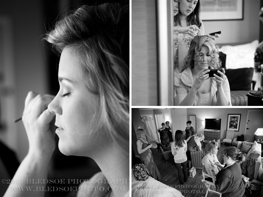 candid shots of bride getting hair and makeup done before wedding, knoxville wedding photographer, ©Bledsoe Photography