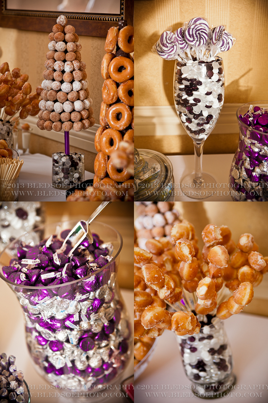 Doughnut and candy reception table, purple Hershey Kisses, doughnut holes on sticks, doughnut hole tree, downtown hilton reception, knoxville wedding photographer, ©Bledsoe Photography