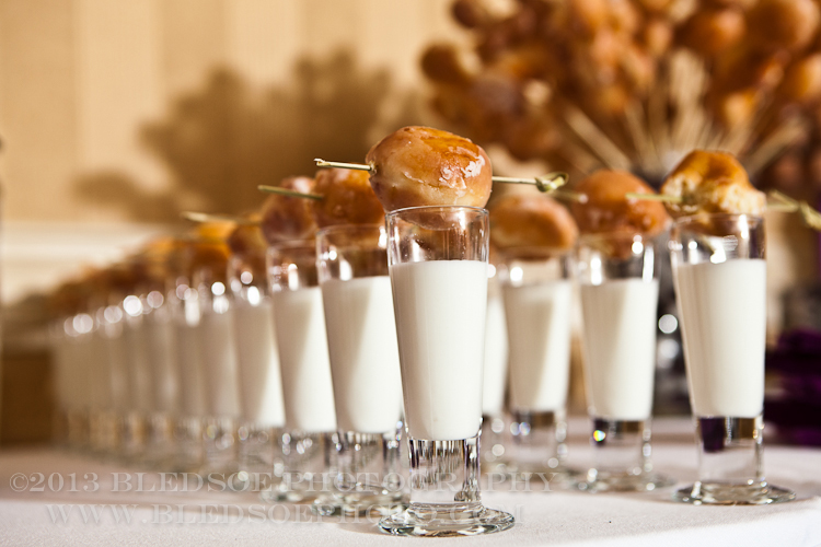 doughnut hole and milk shots at wedding reception, downtown hilton, knoxville wedding photographer, ©Bledsoe Photography