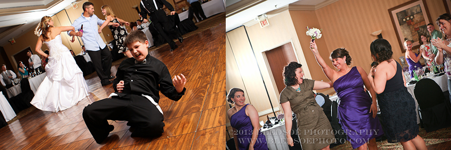 Ring bearer playing air guitar, catching the bouquet at downtown Hilton reception, knoxville wedding photographer, ©Bledsoe Photography