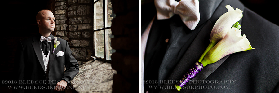 groom's portrait at knoxville botanical gardens, calla lily purple boutonniere, knoxville wedding photographer, ©Bledsoe Photography