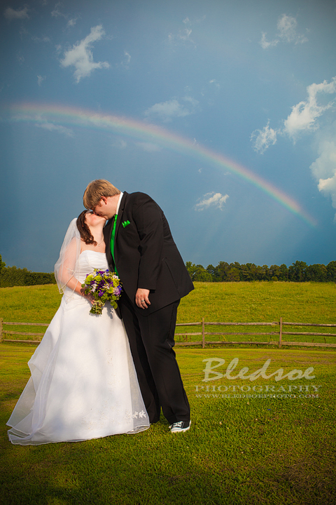 Kalie and Jeremy Sands Wedding bride and groom under a rainbow at Twin Cedar Farm, Knoxville Wedding Photographer © Bledsoe Photography