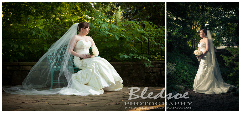 Bridal portrait at Knoxville Botanical Gardens, turquoise garden chair, white rose bouquet © Bledsoe Photography