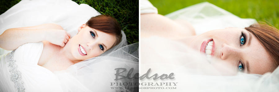 Bridal portrait at Knoxville Botanical Gardens, bride lying in grass, © Bledsoe Photography