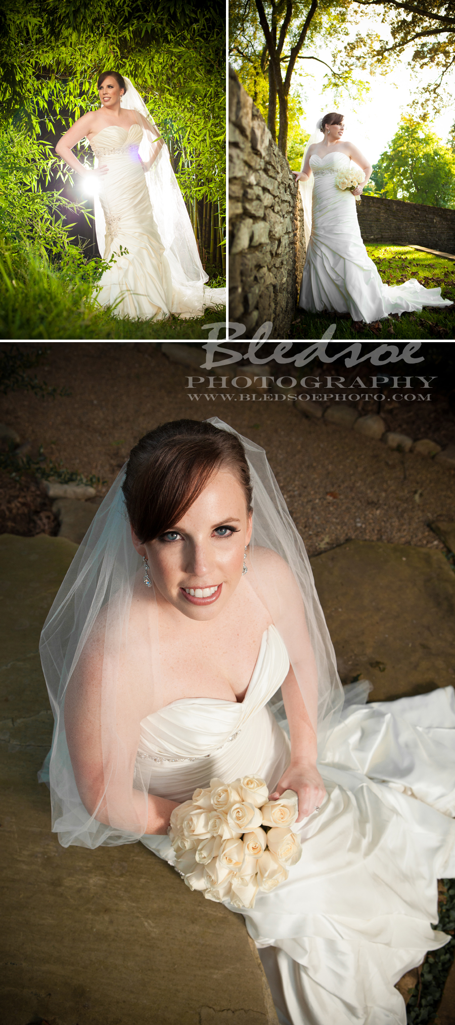 Bridal portrait at Knoxville Botanical Gardens, white rose bouquet © Bledsoe Photography