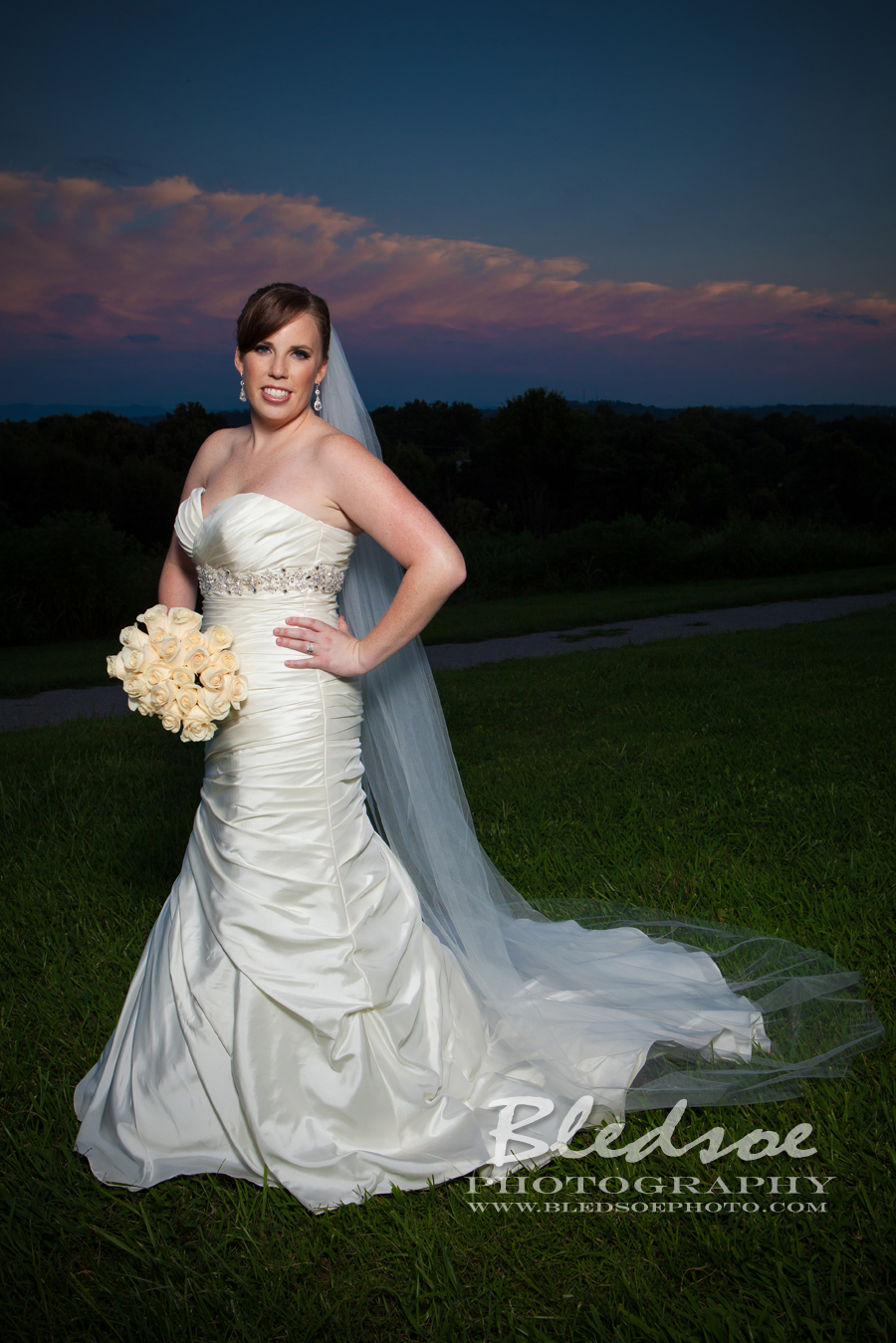 Sunset Bridal portrait at Knoxville Botanical Gardens, white rose bouquet © Bledsoe Photography